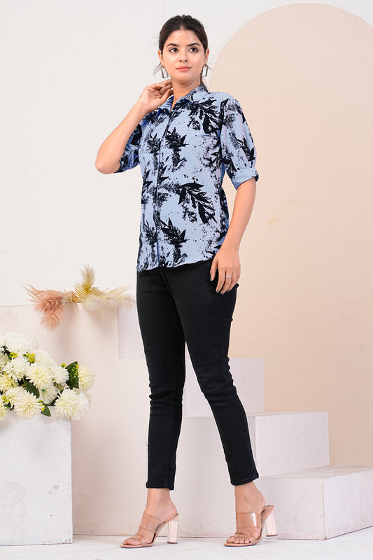 Floral Printed Polly Cotton Light Blue Slim Fit Casual Shirt