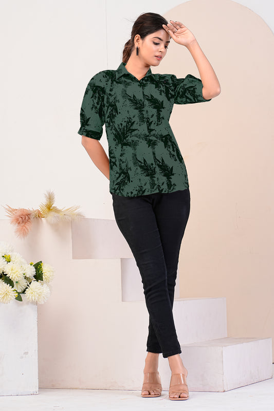 Floral Printed Polly Cotton Green Slim Fit Casual Shirt