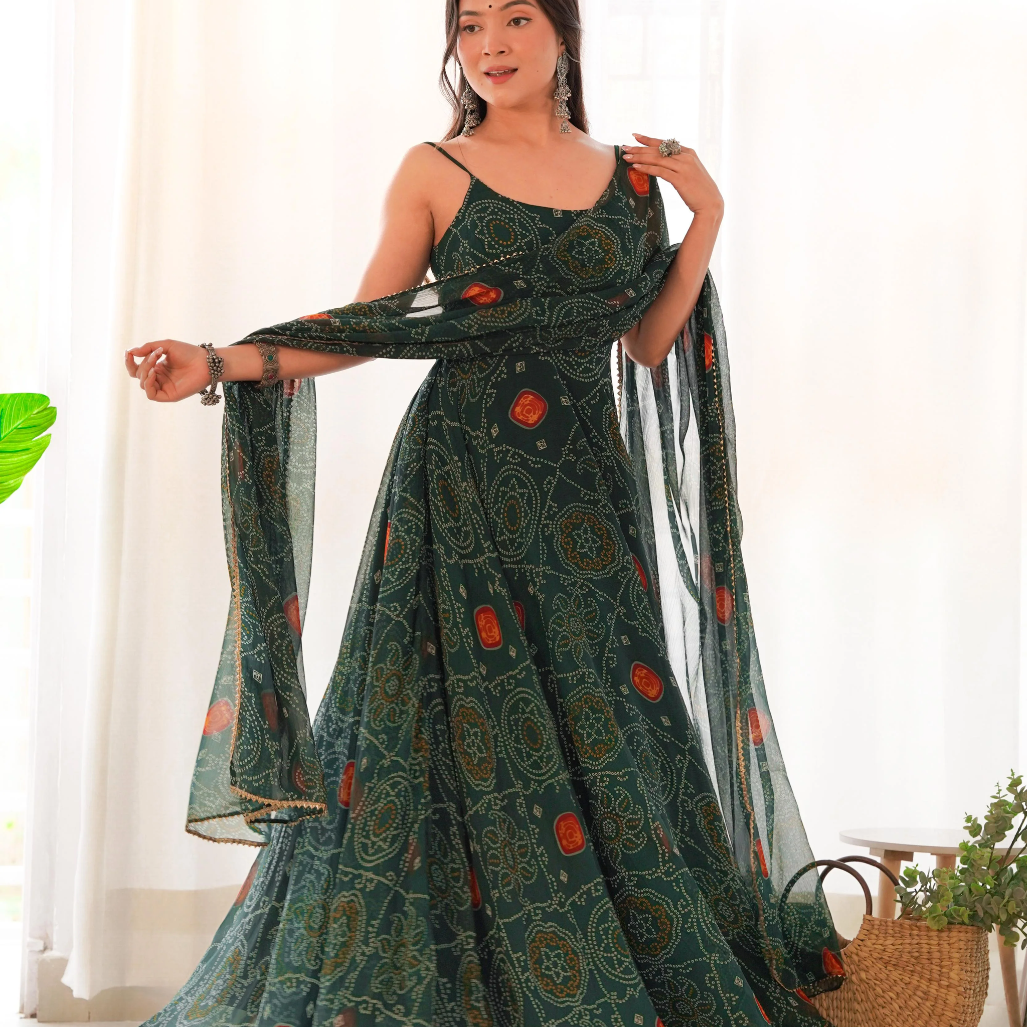 Green Printed Strapped Soft Chiffon Forest Green Anarkali Gown