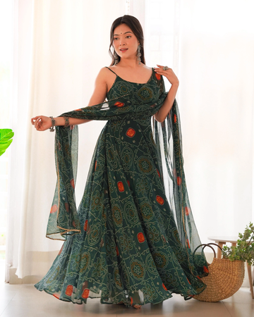 Green Printed Strapped Soft Chiffon Forest Green Anarkali Gown