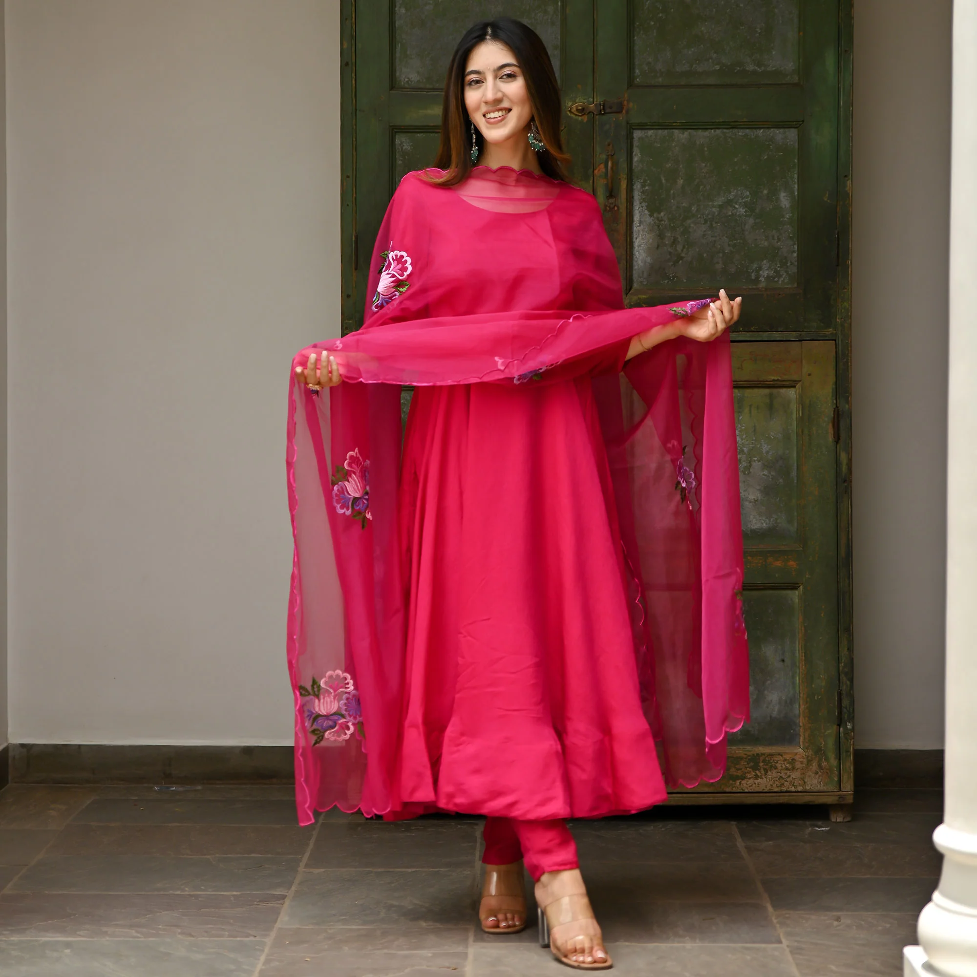 Pink Taffeta Anarkali Paired With An Embroidered Organza Dupatta