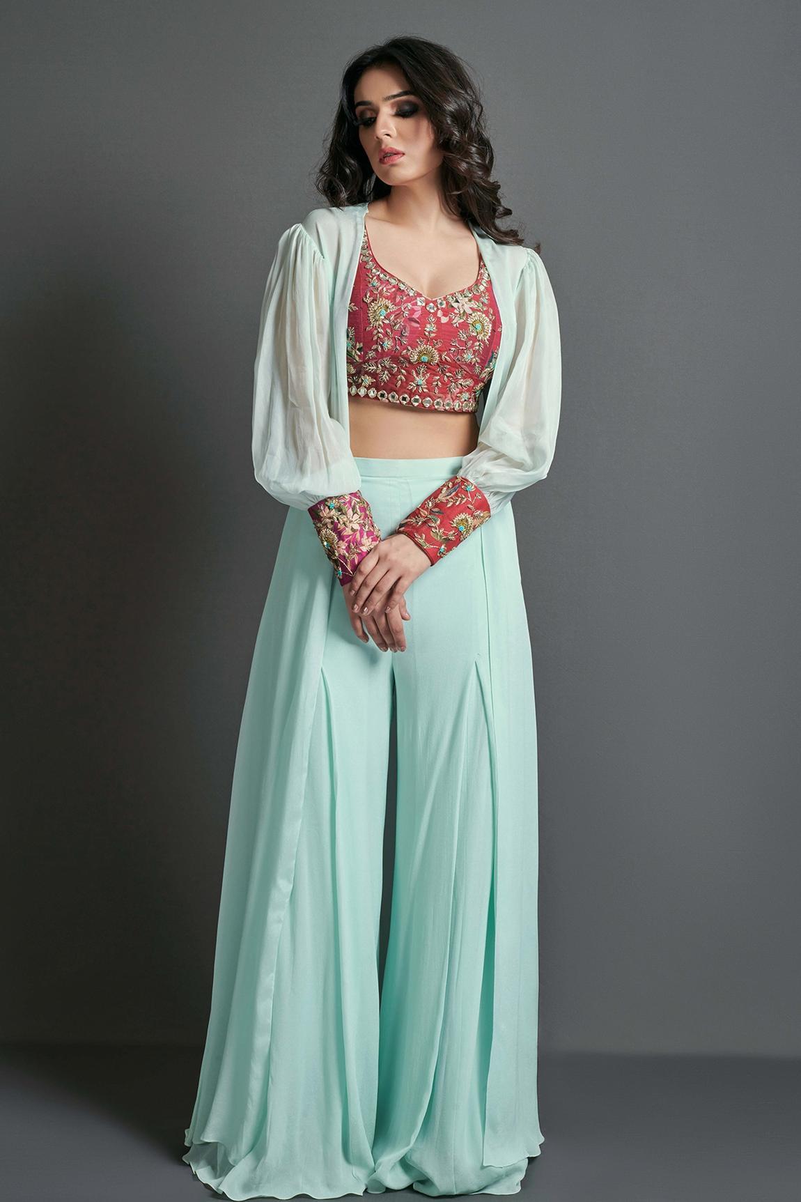 Crop Top With Palazzo And Shrug Set For Wedding