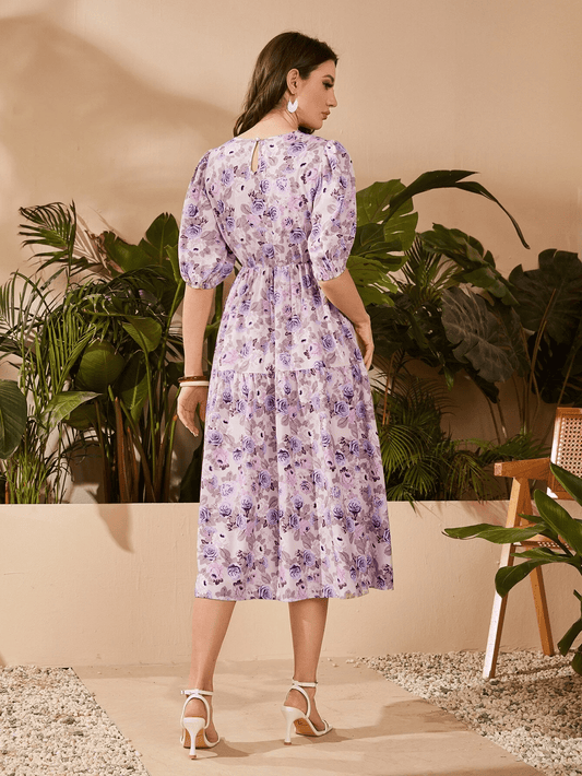 Mulvari Floral Puff Sleeve Keyhole Back Dress Without Belt