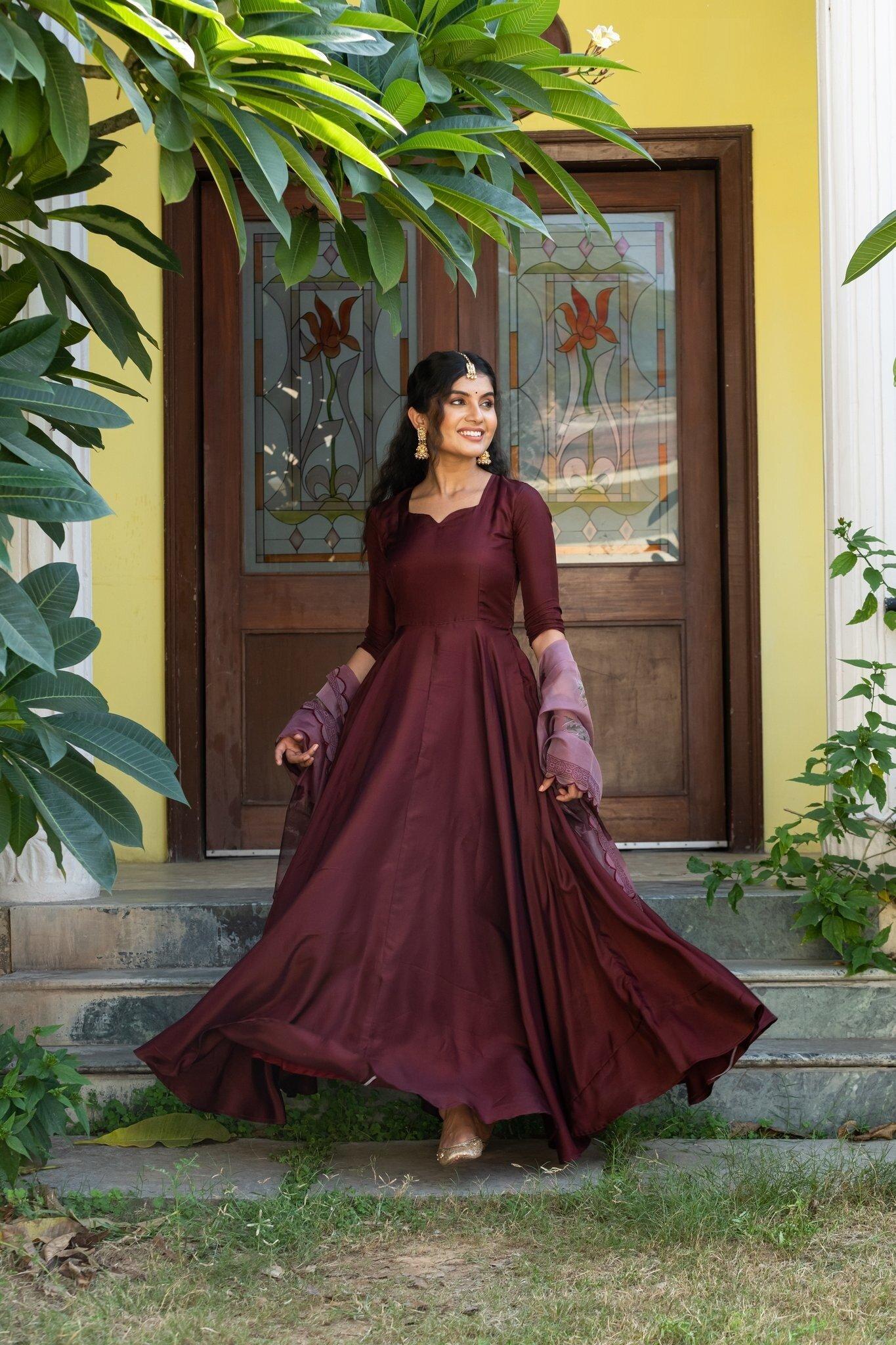 Tafetta Silk Anarkali Fit Maroon Gown with Dupatta For Women and Girls