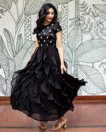 Black Embroidery Ruffle Gowns